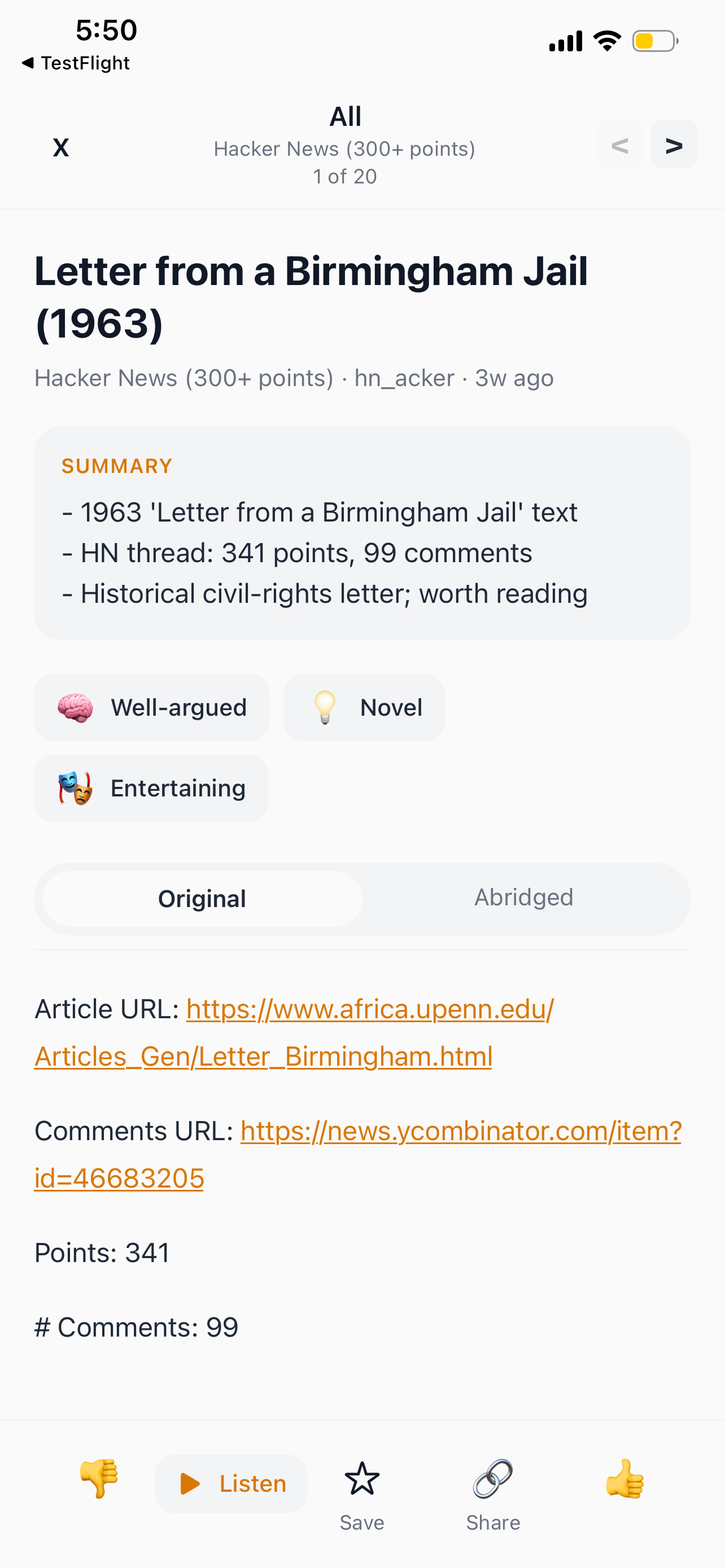 Article reading view